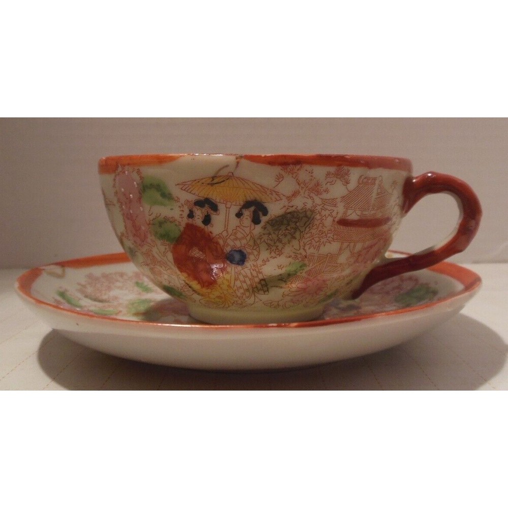 Vintage Japan Clobber Paint Geisha Girl Porcelain Tea Cup and Saucer